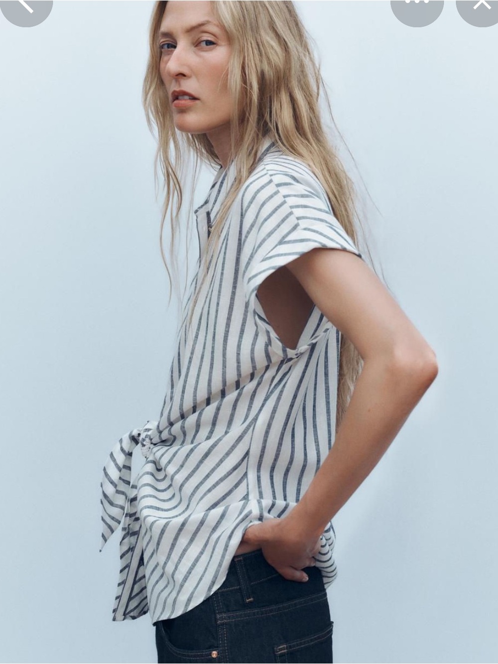 Zara White & Gray Striped Tie-Front Short Sleeve Blouse with linen
